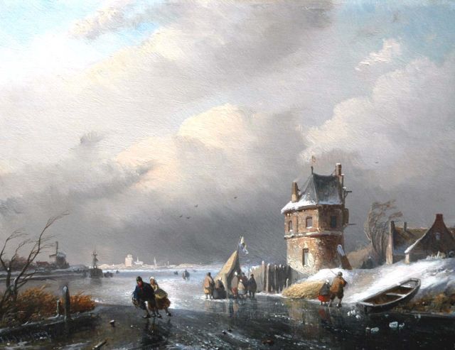 Jan Jacob Spohler | A winter landscape with figures by a 'koek en zopie', Öl auf Tafel, 21,9 x 28,5 cm, signed l.l.
