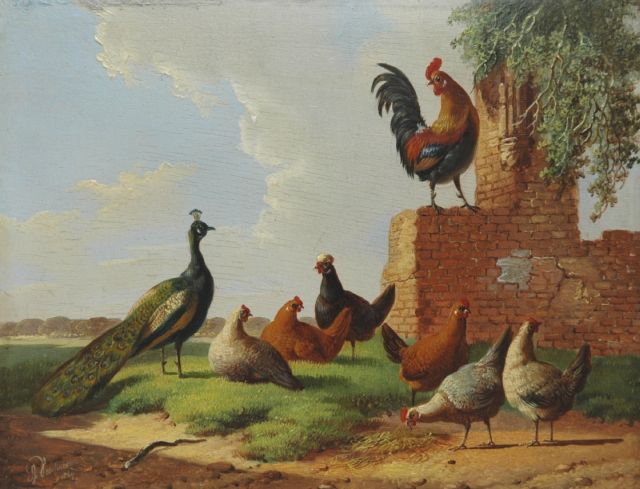 Albertus Verhoesen | Poultry in a classical landscape, Öl auf Holz, 13,2 x 16,7 cm, signed l.l. und dated 1869