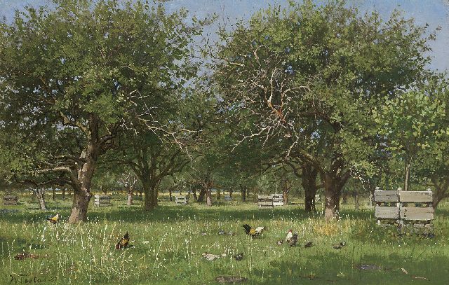 Willem de Famars Testas | Chickens in an orchard, Öl auf Leinwand auf Holz, 22,4 x 34,9 cm, signed l.l. und dated '81