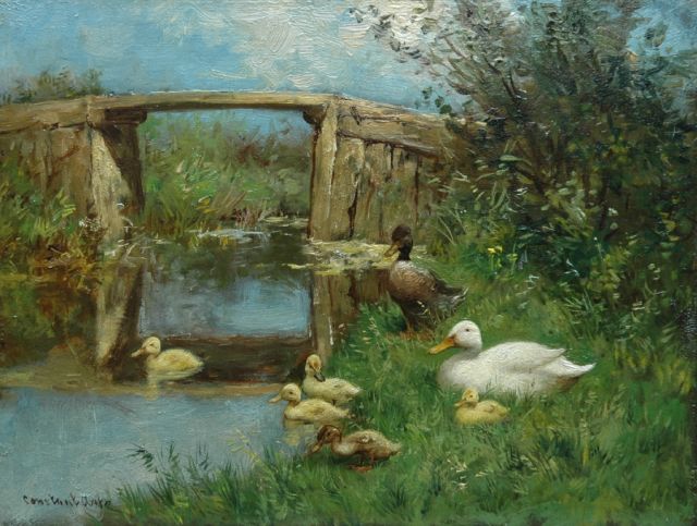 Constant Artz | Family of ducks on a river bank, Öl auf Holz, 18,1 x 24,0 cm, signed l.l.