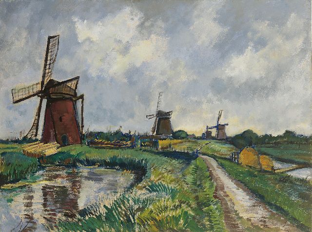 Louis Saalborn | Windmühlen in einer Reihe in Kinderdijk, Öl auf Holzfaser, 74,6 x 99,3 cm, signed l.r.