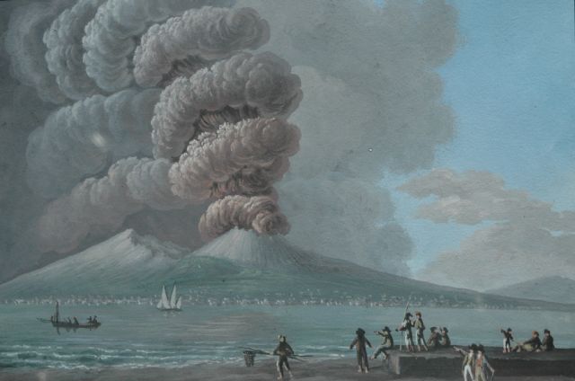 Italiaanse School, 19e eeuw | Uitbarsting van de Vesuvius bij dag, op 19 juni 1794, Gouache auf Papier, 23,5 x 29,0 cm