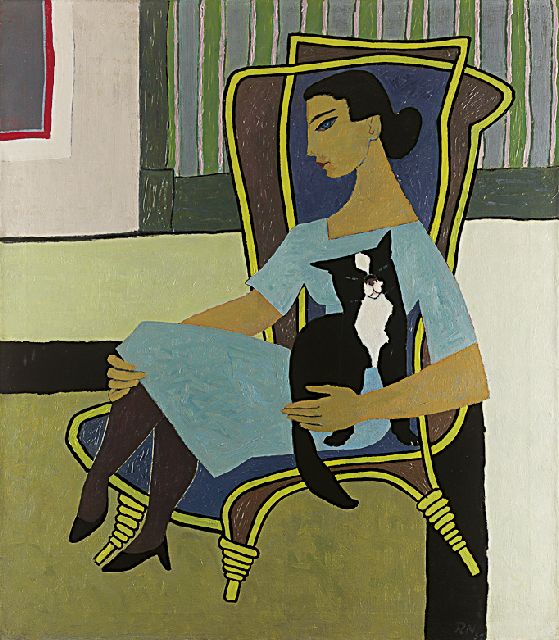 Neut M. van der | Woman with cat, Öl auf Leinwand 80,3 x 70,5 cm, signed l.r. with initials und dated '52
