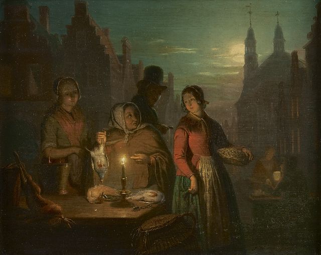 Jan Hendrik van Grootvelt | The evening market in Ravenstein, Öl auf Holz, 26,6 x 33,6 cm, signed l.r.