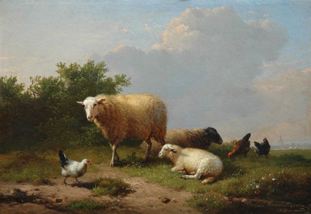Eugène Joseph Verboeckhoven | Sheep and poultry in a meadow, Öl auf Tafel, 14,0 x 20,3 cm, signed l.r. und dated 1874