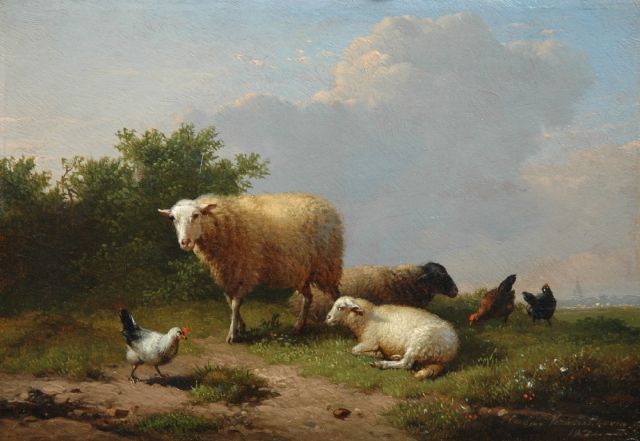 Verboeckhoven E.J.  | Sheep and poultry in a meadow, Öl auf Holz 14,0 x 20,3 cm, signed l.r. und dated 1874