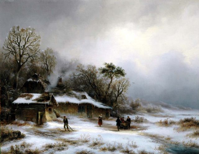 Anton Braakman | Farmer's cottages in a snowy dune landscape, Öl auf Holz, 32,7 x 42,4 cm