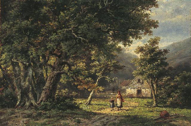 Hendrik Barend Koekkoek | Mutter und Kind auf einem Waldweg im Tal, Öl auf Leinwand, 31,0 x 46,5 cm, Unterzeichnet l.u.