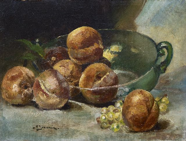 Georges Jeannin | Stilleben mit Weintraube und Pfirsichen in einer Glasschale, Öl auf Leinwand, 30,2 x 40,2 cm, Unterzeichnet l.u.