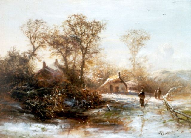 Pieter Kluyver | Peasants in a wooded landscape, in winter, Öl auf Holz, 19,5 x 26,0 cm, signed l.r.