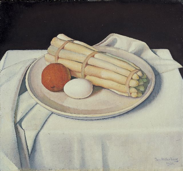Jan Wittenberg | Still life of asparagus, an orange and an egg, Öl auf Leinwand, 36,5 x 39,0 cm, signed l.r. und dated 1931