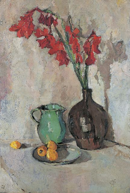Ket D.H.  | Still life with red gladiolus in a brown jar and lemons, Öl auf Leinwand 117,0 x 79,2 cm, gesigneerd r.o. + voorzien van atelierstempel und gedateerd '25