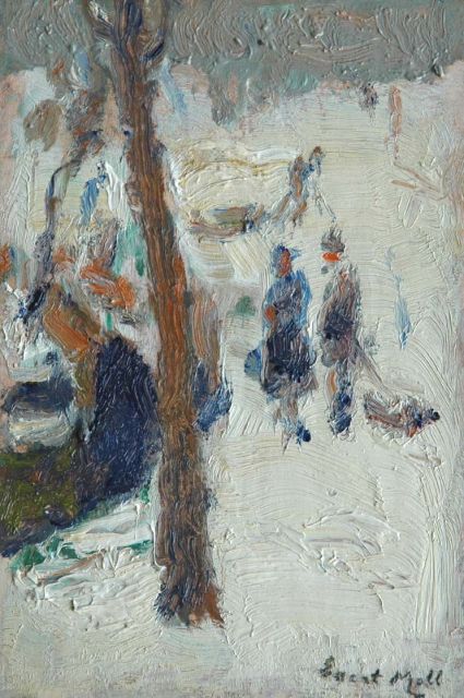 Moll E.  | Strollers in a park in winter, Öl auf Holz 18,2 x 12,1 cm, signed l.r.