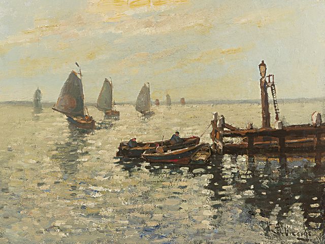 Ben Viegers | Departing flatboats, Volendam, Öl auf Leinwand, 30,3 x 40,0 cm, signed l.r.