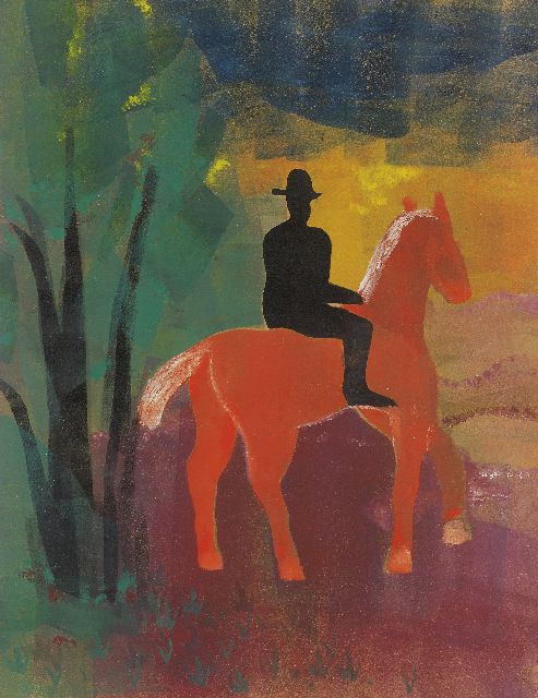 Hendrik Werkman | A horseman, Chablone, Farbwalze, Druckerfarbe auf Papier, 65,0 x 50,0 cm, dated 1944
