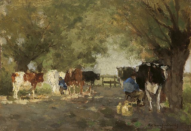 Jan Hendrik Weissenbruch | Milking the cows, Öl auf Leinwand auf Holz, 20,8 x 29,7 cm, signed l.r.