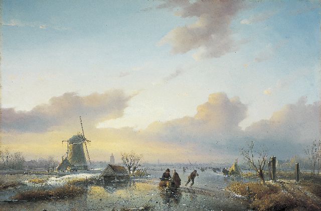 Jan Jacob Spohler | Skaters on a Dutch waterway, Öl auf Tafel, 42,5 x 62,8 cm