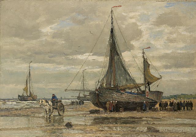 Wilhem Hambüchen | Fisherfolk on the beach of Katwijk, Öl auf Leinwand, 82,0 x 117,4 cm, signed l.r.