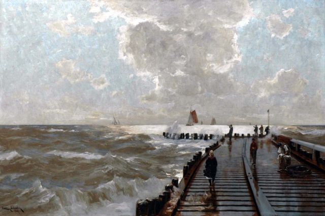 Günther E.C.W.  | Figuren auf einem Pier bei stürmischem Wetter, Öl auf Leinwand 80,0 x 120,8 cm, Unterzeichnet l.u.