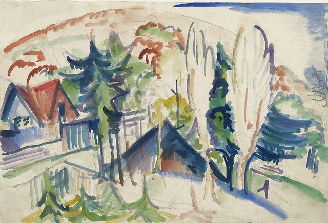 Kirchner E.L.  | A village in the Taunus mountains, Germany, Bleistift, Kreide und Aquarell auf Papier 38,3 x 56,6 cm, painted 1916