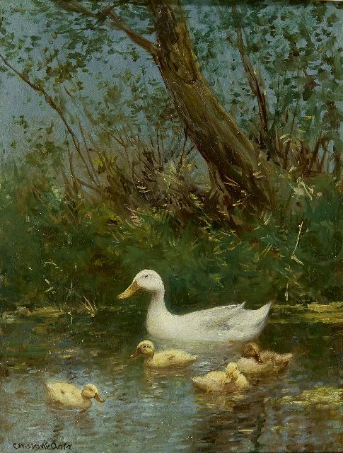 Constant Artz | Duck with ducklings in a pond, Öl auf Holz, 24,0 x 18,0 cm, signed l.l.