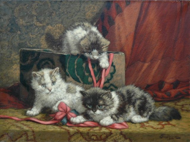 Cornelis Raaphorst | Three playing kittens and a box of ribbons, Öl auf Leinwand, 29,8 x 40,0 cm, signed l.r.