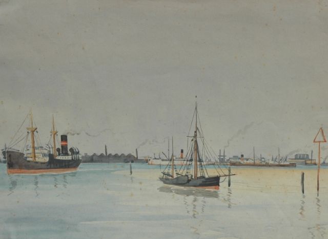 Back R.T.  | Schiffe in der Hafeneifahrt, Aquarell auf Papier 27,5 x 36,5 cm