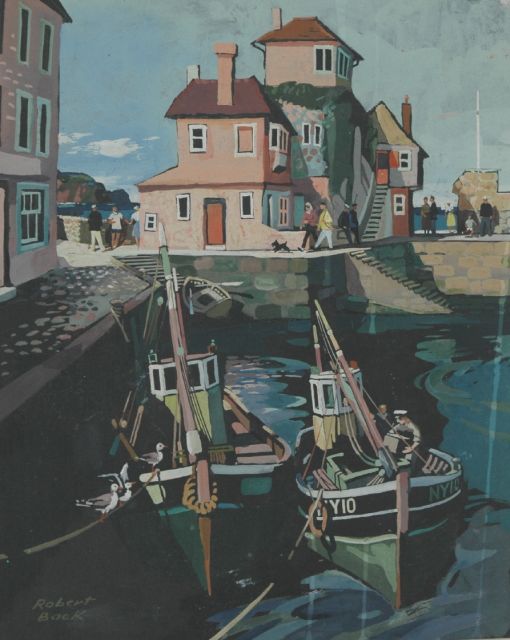 Back R.T.  | Fishing boats in Mevagissey harbour, Cornwall, Gouache auf Papier 32,0 x 25,8 cm, signed l.l.