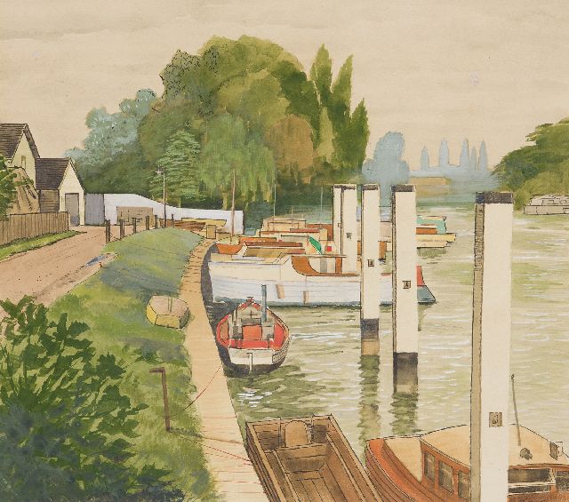 Robert Trenaman Back | Das 'Shepperton Lock' in der Themse, Aquarell auf Holzfaserplatte, 35,4 x 39,9 cm, Unterzeichnet r.u.