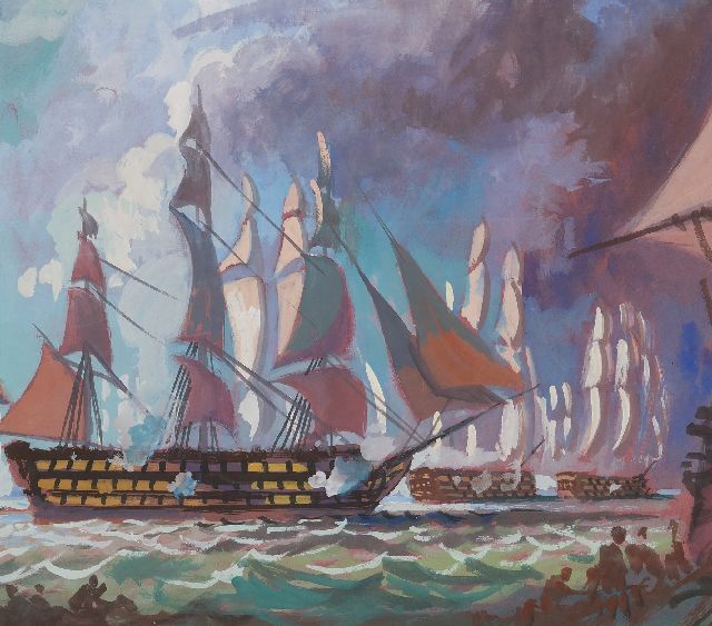 Robert Trenaman Back | Nelsons Geschwader durchbricht die Französische Linie, Trafalgar 1812, Aquarell auf Papier, 37,3 x 52,2 cm