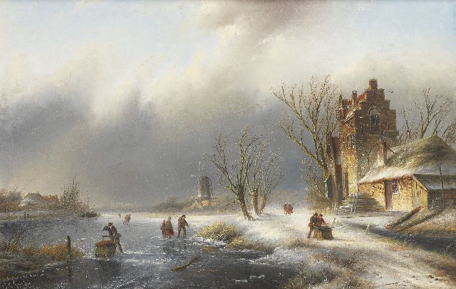 Jacob Jan Coenraad Spohler | A winter landscape with figures on and along a frozen river, Öl auf Leinwand, 43,6 x 66,8 cm, signed l.l.