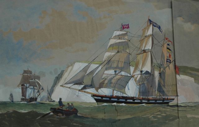 Back R.T.  | Sailing boat off the English shore, Feder, Tinte und Aquarell auf Papier 32,0 x 50,6 cm