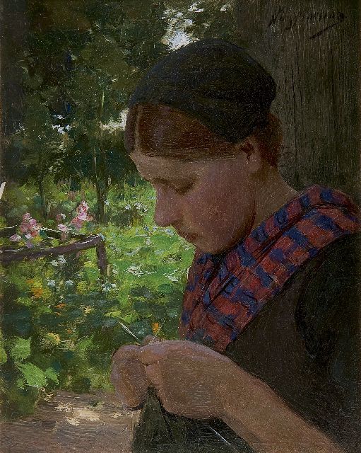 Willy Martens | A girl knitting, Öl auf Holz, 22,1 x 17,6 cm, signed u.r.