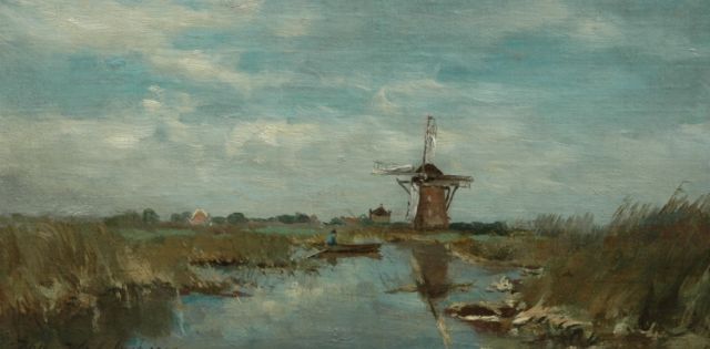 Weissenbruch W.J.  | A windmill in a polder landscape, Öl auf Leinwand auf Holz 16,0 x 30,7 cm, signed l.l. und dated 1900