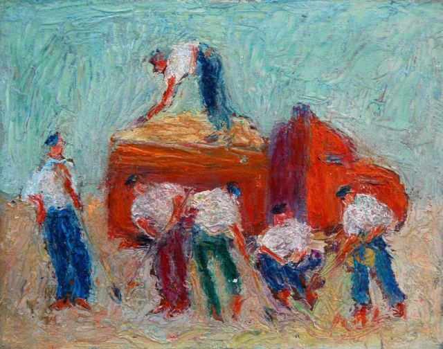 Rodolphe Banet | Loading the truck, Öl auf Holzfaser, 13,7 x 17,5 cm, signed l.l. and reverse und datiert '24