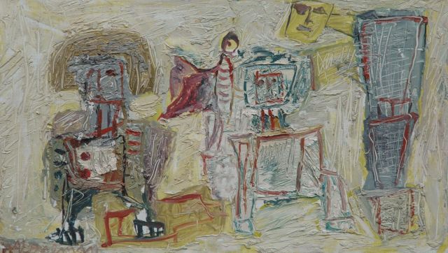 Hans Veneman | Figures and bird, Öl auf Resopal, 22,5 x 39,7 cm, signed l.l. and on the reverse