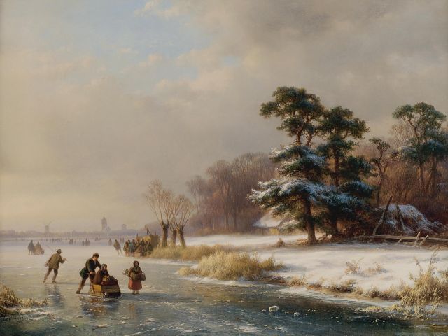 Kleijn L.J.  | Eisvergnügen auf zugefrorenem Fluss, Öl auf Holz 34,5 x 46,0 cm, Unterzeichnet l.u.