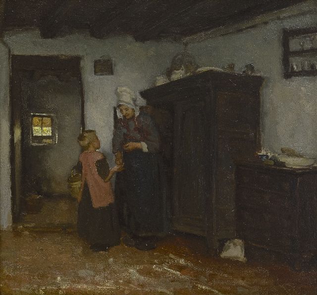 Albert Neuhuys | Bäuerlicher Innenraum mit Frau und Kind, Öl auf Holz, 40,4 x 43,7 cm, signed on a label on the reverse