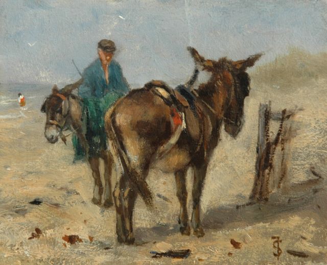 Johan Frederik Cornelis Scherrewitz | Donkies on the beach, Öl auf Holz, 11,0 x 13,4 cm, signed l.r. with monogram