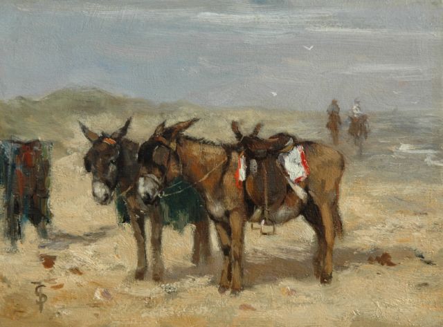 Johan Frederik Cornelis Scherrewitz | Donkies on the beach, Öl auf Holz, 11,0 x 15,0 cm, signed l.l. with monogram