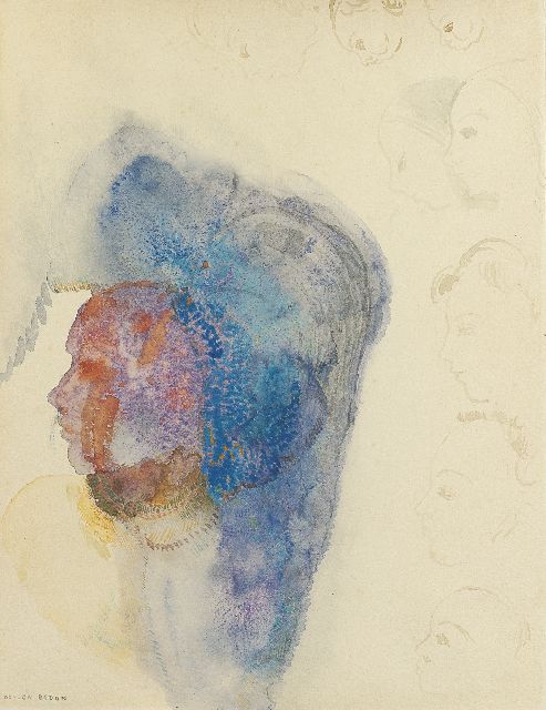 Redon B.-J.  | Vrouw en profil, Feder, braune Tinte und Aquarell auf Papier 27,5 x 21,1 cm, gesigneerd l.o. und te dateren ca. 1912