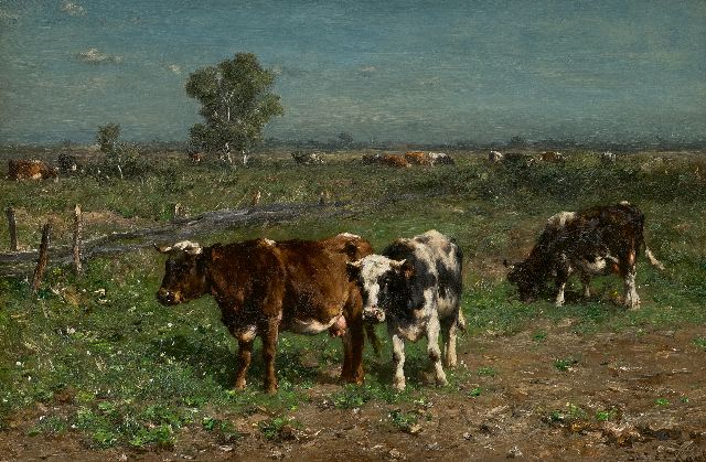 Haas J.H.L. de | Vieh in der Weide, Öl auf Holz 31,3 x 47,2 cm, Unterzeichnet r.u.
