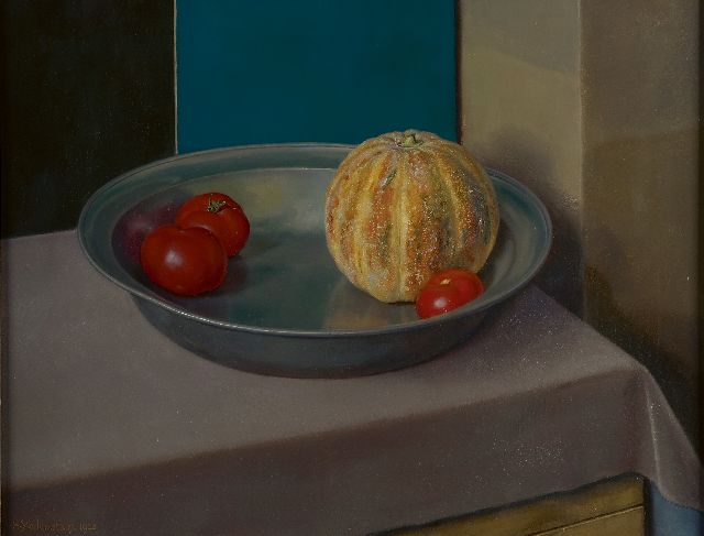 Hendrikus IJkelenstam | Pumpkin and tomatoes on a pewter plate, Öl auf Leinwand, 50,8 x 65,7 cm, signed l.l. und dated 1928
