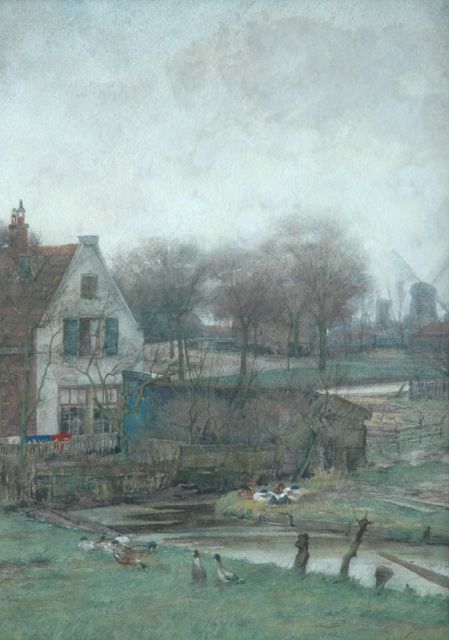 Jan Hillebrand Wijsmuller | A view of a farm, windmills beyond, Bleistift, Aquarell und Gouache auf Papier, 57,0 x 42,0 cm, signed l.r.