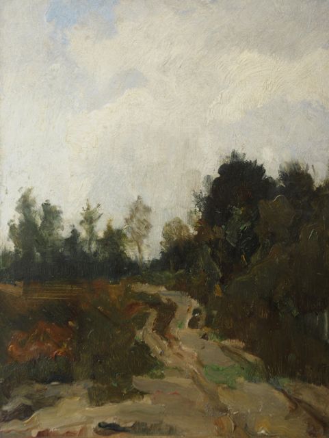 Eduard Frankfort | Sandy path in a wooded landscape, Öl auf Holzfaser, 36,1 x 27,1 cm