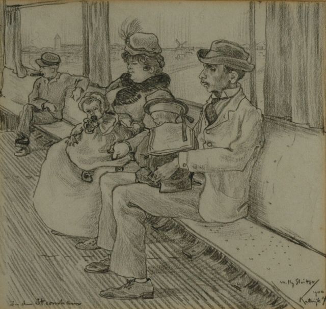 Willy Sluiter | In the streetcar, Schwarze Kreide auf Papier, 18,0 x 19,0 cm, signed l.r. und dated '1900 Katwijk a/z'