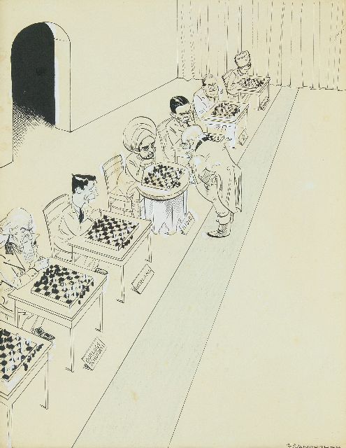 Hem P. van der | John als Simultanspieler, Feder und Pinsel, Tinte und  Gouache auf Papier 45,0 x 35,5 cm, Unterzeichnet r.u.