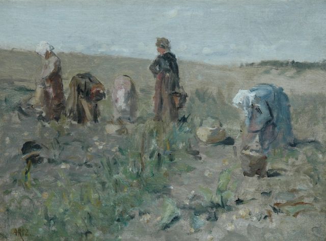 David Artz | Potato digging, Öl auf Leinwand auf Holz, 30,9 x 41,6 cm, signed l.l.