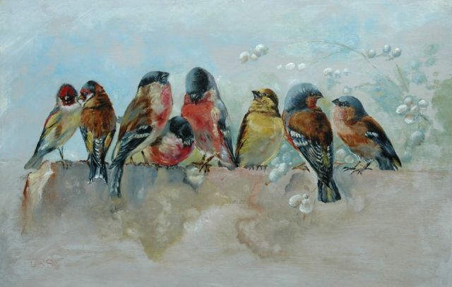 Stortenbeker C.S.  | Birds on a wall, Öl auf Holz 31,5 x 48,1 cm, signed l.l. with initials