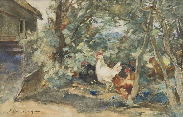 Johannes Evert Akkeringa | Hühner auf dem Bauernhof, Aquarell auf Papier, 18,7 x 29,3 cm, Unterzeichnet l.u.